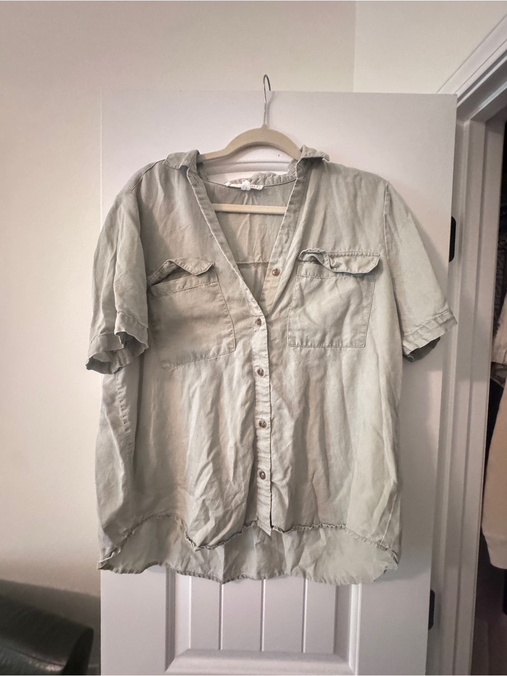 Jane and Delancey Light Sage Green Button-Up Short Sleeve Blouse
